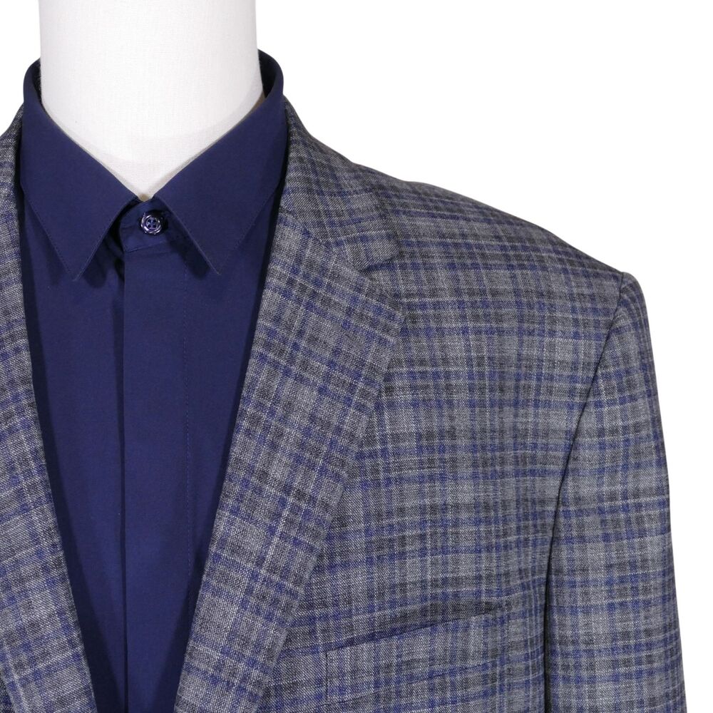 Jos A Bank Sport Coat Blazer Men 48L Traditional Unstructured Gray Blue Plaid